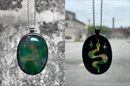Shulman.green stone pendant with snake