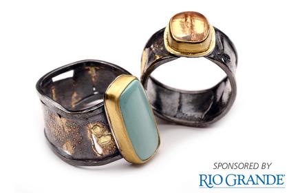Two rings by Paulette Werger with text in the right corner that says "Sponsored by Rio Grande"