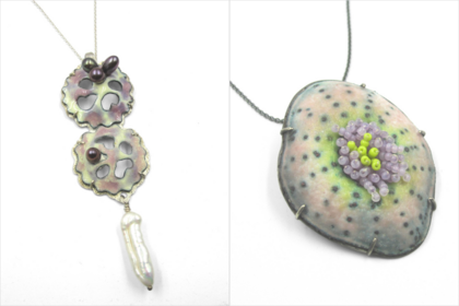 Two pendants by  by Kathryn Osgood made with vitreous enamels and die forming techniques.