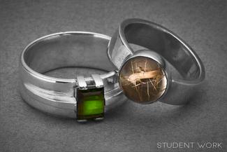 Baird.Silver Rings with Green and Tan Stones