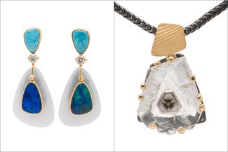 Boyd.white blue clear and gold earrings and pendant