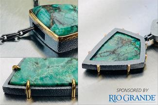 A collage showing a turquoise hinged pendant from three angles with text in the right corner that says "Sponsored by Rio Grande"