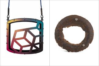 CookeAkaiwa.multi color pendand and square rusty ring