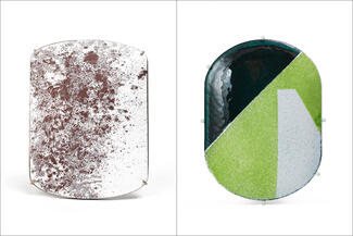 Cooke-Akaiwa.enamel brooches in white green black brown