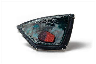 Cooke-Akaiwa.enamel brooch in dark blues reds
