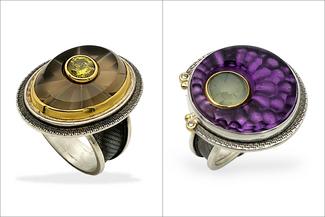 Gardner.two carved rings in purples and brown