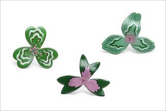 Guillaume.Enamel Green Flowers with Little Faces