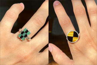 Keast.black green and orange mosaic rings