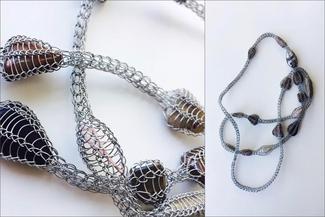 Montante.woven wire neck piece with objects inside