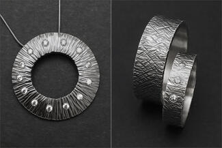 Pabon.pendant and rings with flush settings