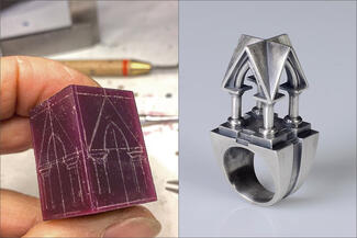 Veverka.wax block and silver sculpture ring