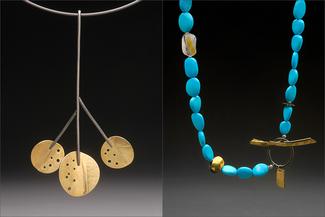 Werger.round gold pendant trio and blue chain