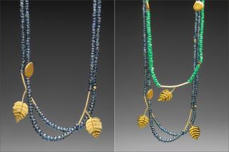 Werger.green and blue bead and gold leaf necklaces
