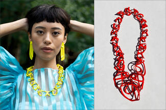Wood.blue yellow and red necklace outfit