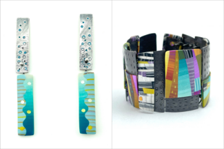 Earrings and a bracelet by Bonnie Bishoff made with polymer clay and metal