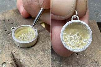 Acebo.silver pendant with clear stones being set and held
