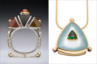 Boyd.ring with triangle stones and triangle pendant in blue