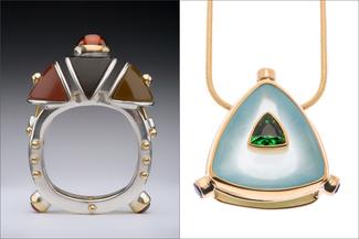 Boyd.ring with triangle stones and triangle pendant in blue