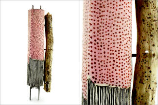 Crane.pink and black and wood brooch