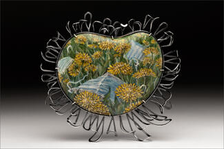 Hur.enamel brooch of yellow flowers and blue masks