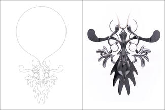 Lowrie.oxidized metal shape with chain and drawing 