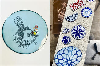 Pastel.blue circle with bird and patterned enamels