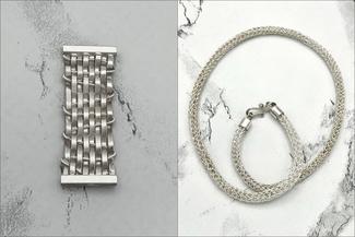 Upin.woven rectangle and silver loop chain