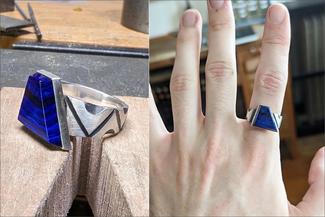 Vanaria.blue trapezoid ring on finger