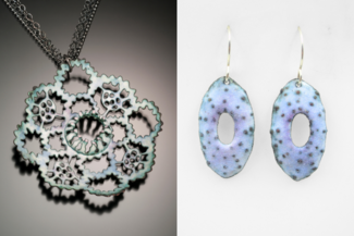 A pendant and a pair of earrings  by Kathryn Osgood made with vitreous enamels and die forming techniques.