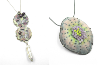 Two pendants by  by Kathryn Osgood made with vitreous enamels and die forming techniques.