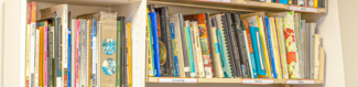 Two bookshelves are stuffed full of books with titles such as Patina and Jewelry