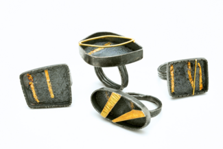 Four rings made with keum-boo and reticulation techniques by Paulette Werger
