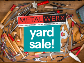 Metalsmithing tools arranged on a bench top with text overlay that says Metalwerx Yard Sale